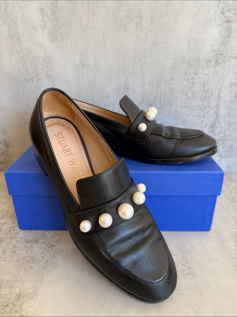 Stuart Weitzman Goldie Black Leather Loafers with Pearl Embellishments